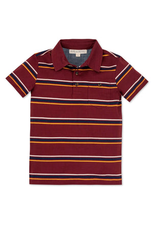 Burgundy short-sleeve polo shirt featuring horizontal stripes in yellow, white, and navy, with a button-down collar and chest pocket.
