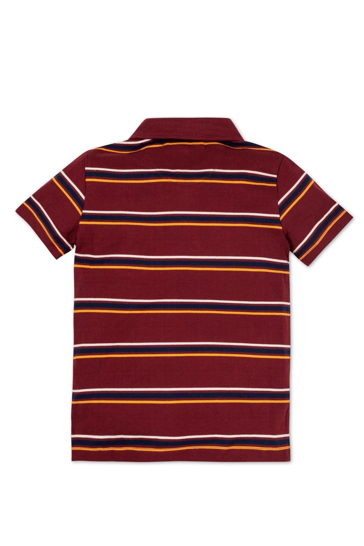 Back view of a boys polo shirt featuring an oxblood base with horizontal stripes in yellow, white, and navy.
