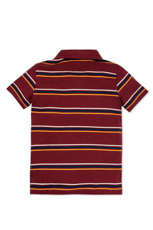 Back view of a boys polo shirt featuring an oxblood base with horizontal stripes in yellow, white, and navy.