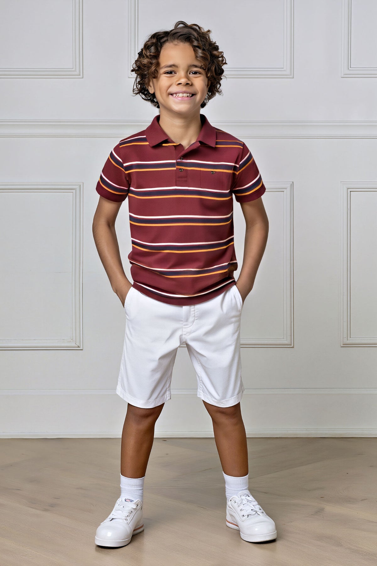 A young boy smiles while wearing a burgundy and striped polo shirt with white shorts, standing in a bright interior.