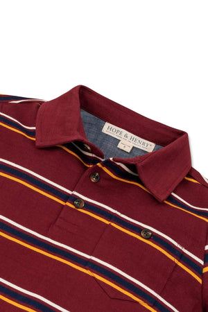 Oxblood striped polo shirt by Hope & Henry, featuring a button-down collar and chest pocket, made from organic cotton.
