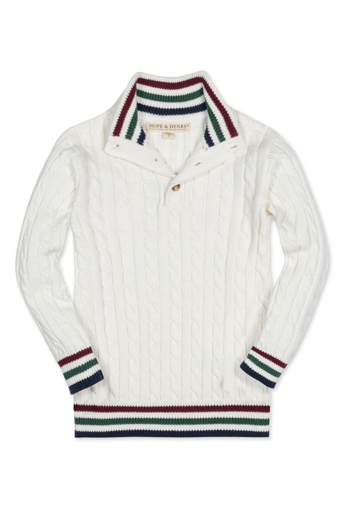 A white organic cotton mock neck cable sweater for baby boys features classic cable patterns, faux horn button closures, and striped trim at the cuffs and hem.