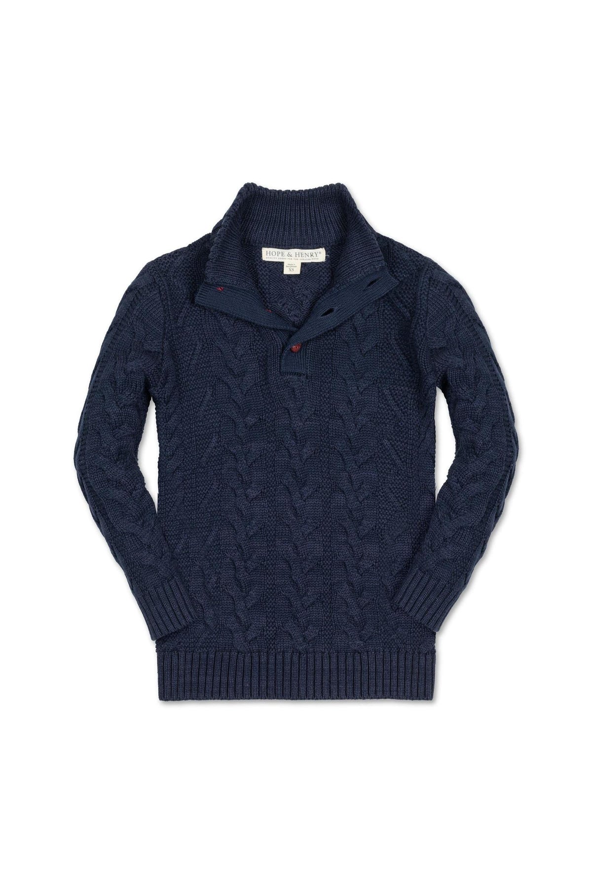 Navy blue cable knit sweater featuring a mock neck and faux leather button closures, made from organic cotton for kids.