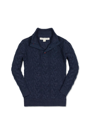 Navy blue cable knit sweater featuring a mock neck and faux leather button closures, made from organic cotton for kids.