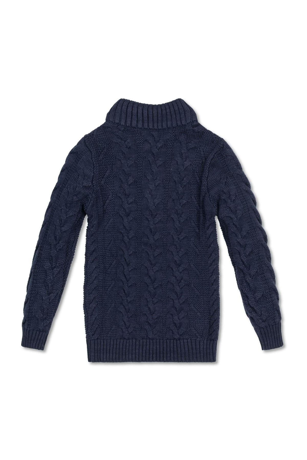 Back view of a navy blue cable knit sweater for boys, featuring a ribbed mock neck and long sleeves.