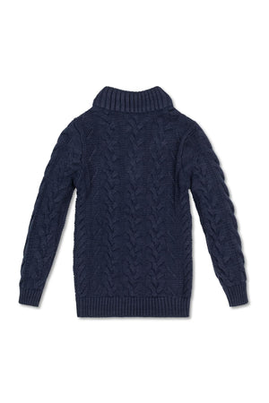 Back view of a navy blue cable knit sweater for boys, featuring a ribbed mock neck and long sleeves.