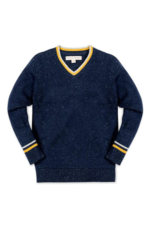 Navy organic cotton v-neck sweater for baby boys featuring flecked yarns and athletic tipping on the collar and cuffs.
