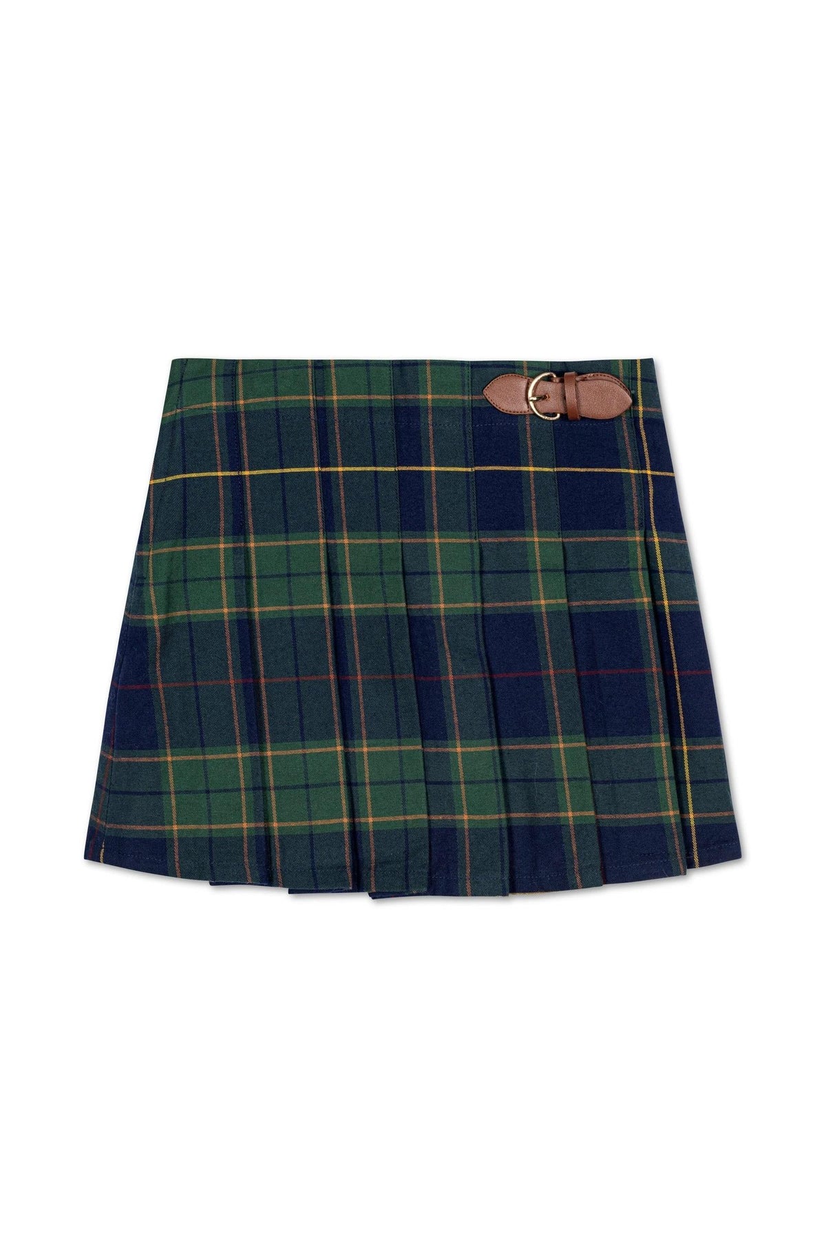 Navy plaid pleated skirt featuring a faux leather buckle detail, designed for toddlers and kids. Made from organic cotton.