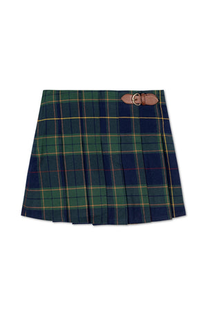 Navy plaid pleated skirt featuring a faux leather buckle detail, designed for toddlers and kids. Made from organic cotton.