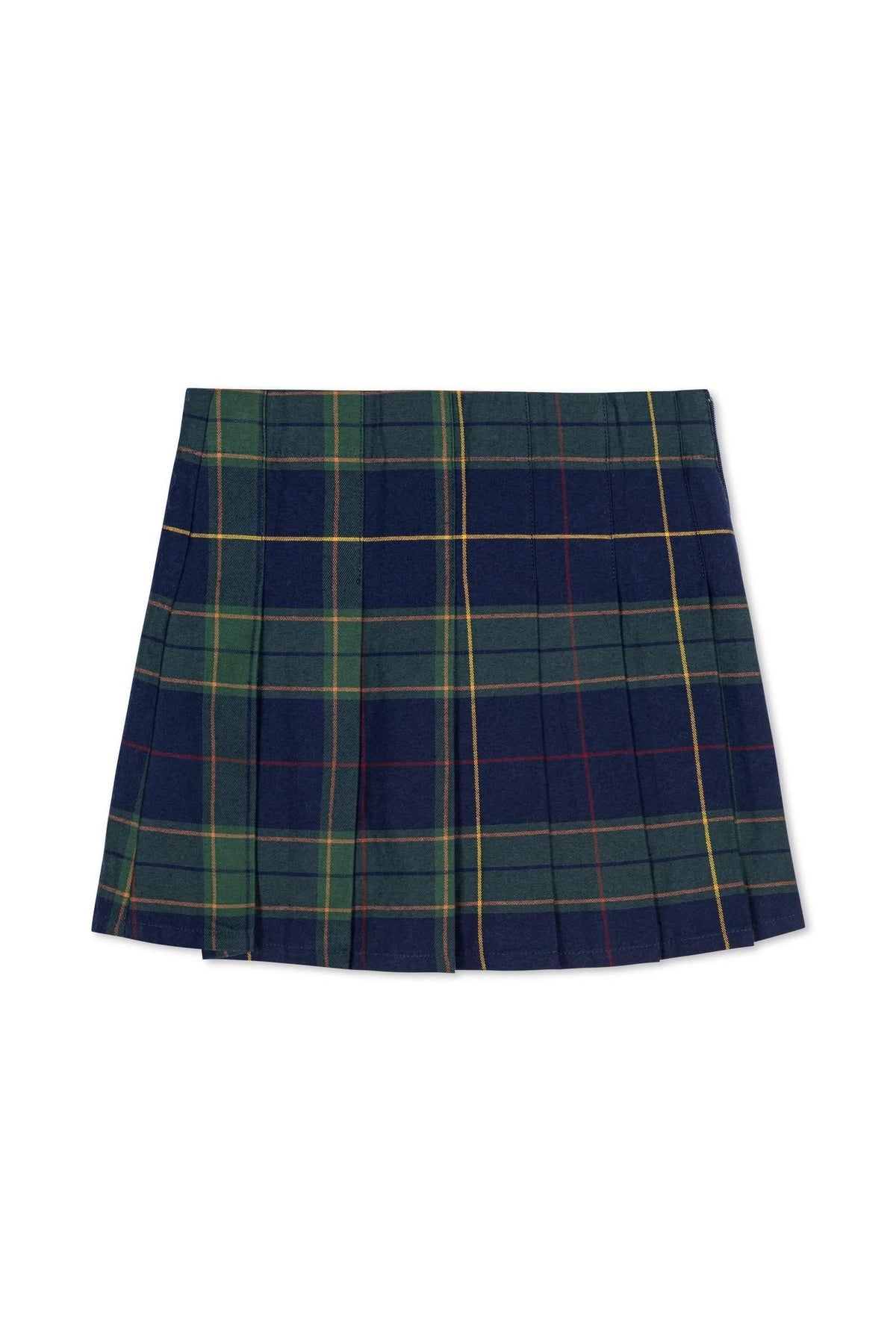 Navy plaid pleated skirt featuring green and yellow accents, made from soft organic cotton, suitable for toddlers and kids.