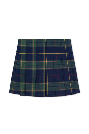 Navy plaid pleated skirt featuring green and yellow accents, made from soft organic cotton, suitable for toddlers and kids.
