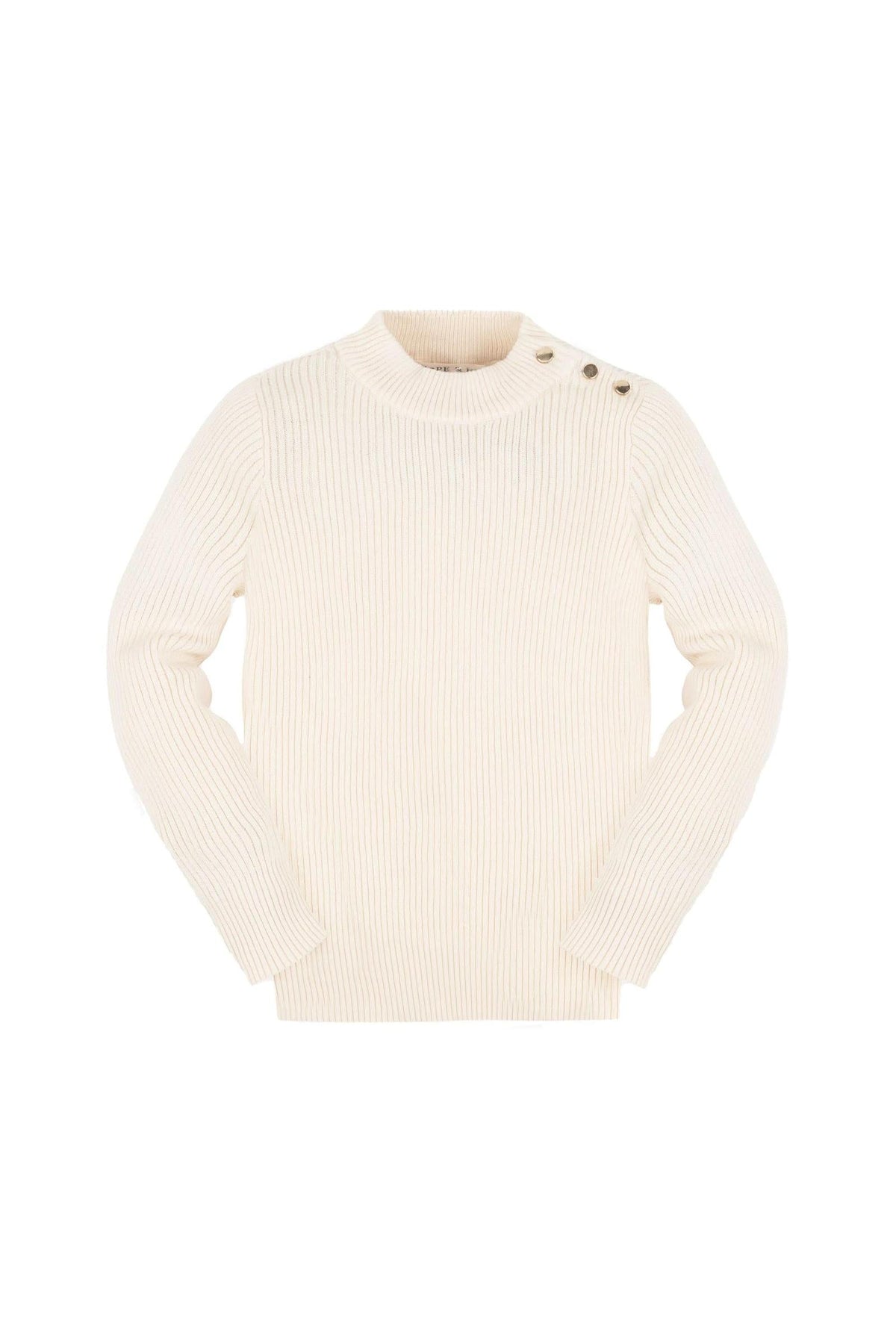 A soft ivory mock neck sweater made of organic cotton features a ribbed texture and three gold button details on one shoulder, ideal for baby girls in cooler seasons.