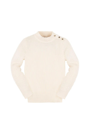 A soft ivory mock neck sweater made of organic cotton features a ribbed texture and three gold button details on one shoulder, ideal for baby girls in cooler seasons.