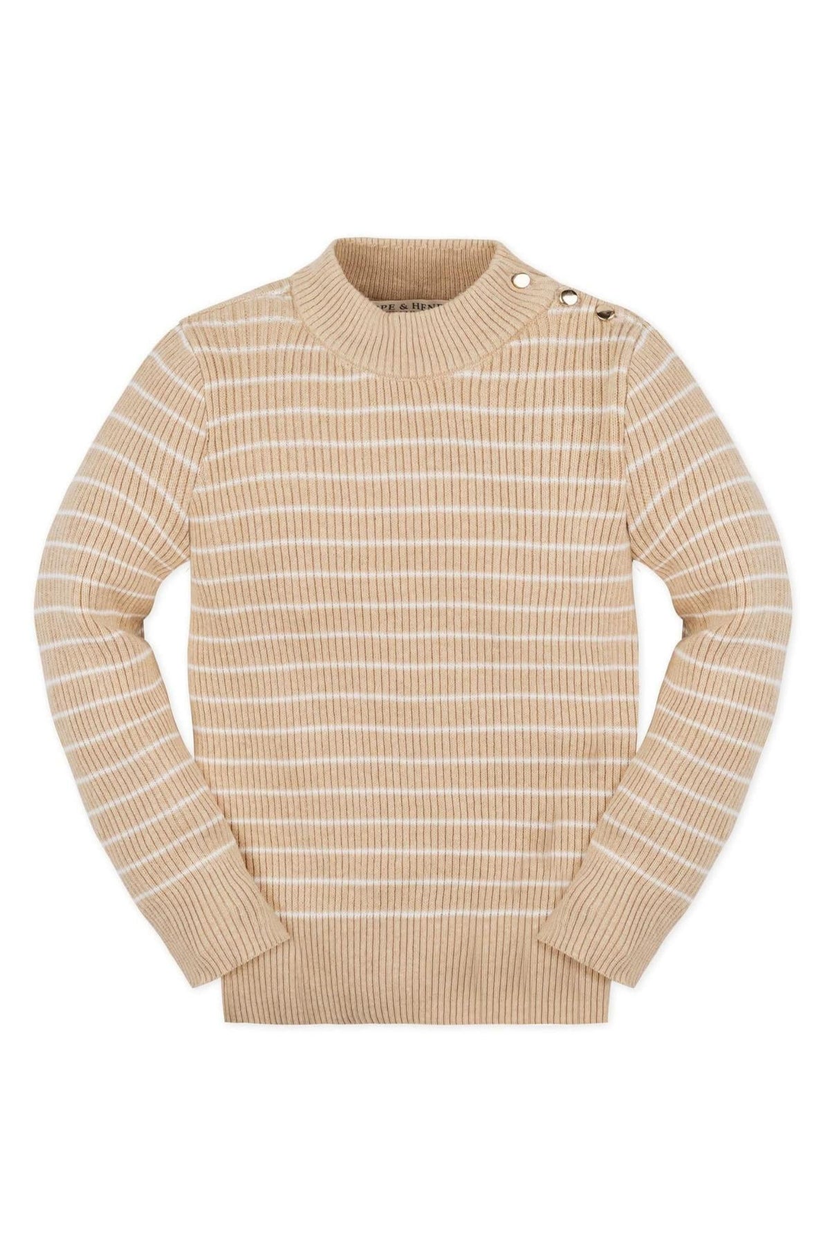 A beige and cream striped mock neck sweater for girls, featuring a ribbed texture and button details on the shoulder.
