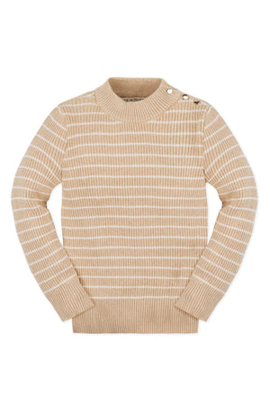 A beige and cream striped mock neck sweater for girls, featuring a ribbed texture and button details on the shoulder.