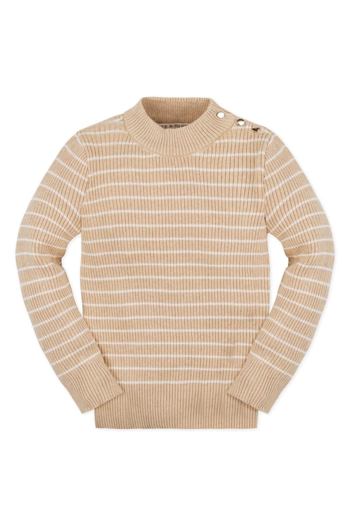 Light beige mock neck sweater with white stripes, featuring ribbed knit fabric and gold button detail.