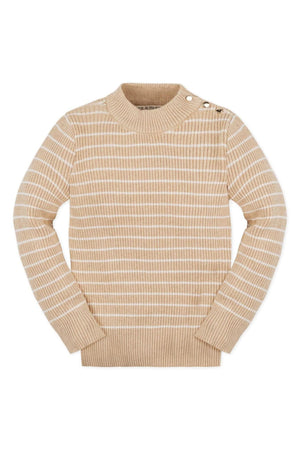 Light beige mock neck sweater with white stripes, featuring ribbed knit fabric and gold button detail.