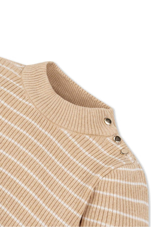 Close-up of a Hope & Henry organic cotton mock neck sweater in oatmeal heather stripe, featuring a ribbed texture and decorative snap buttons on the shoulder, ideal for kids.