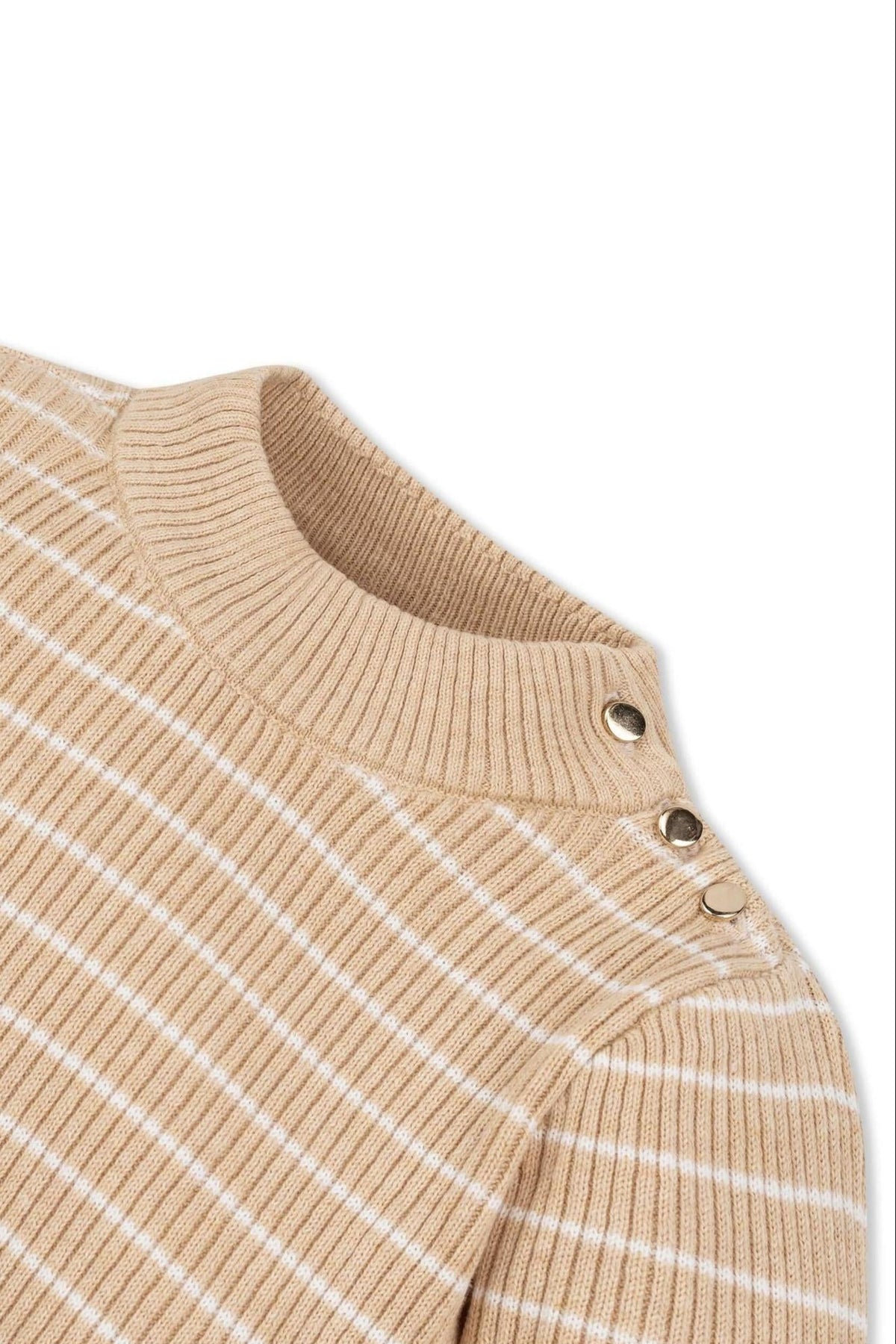 Close-up of a beige striped mock neck sweater with ribbed trim and gold button details, made from organic cotton.