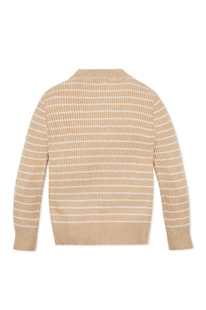 A back view of the Hope & Henry organic cotton mock neck sweater for girls features a ribbed texture in oatmeal heather with white stripes.