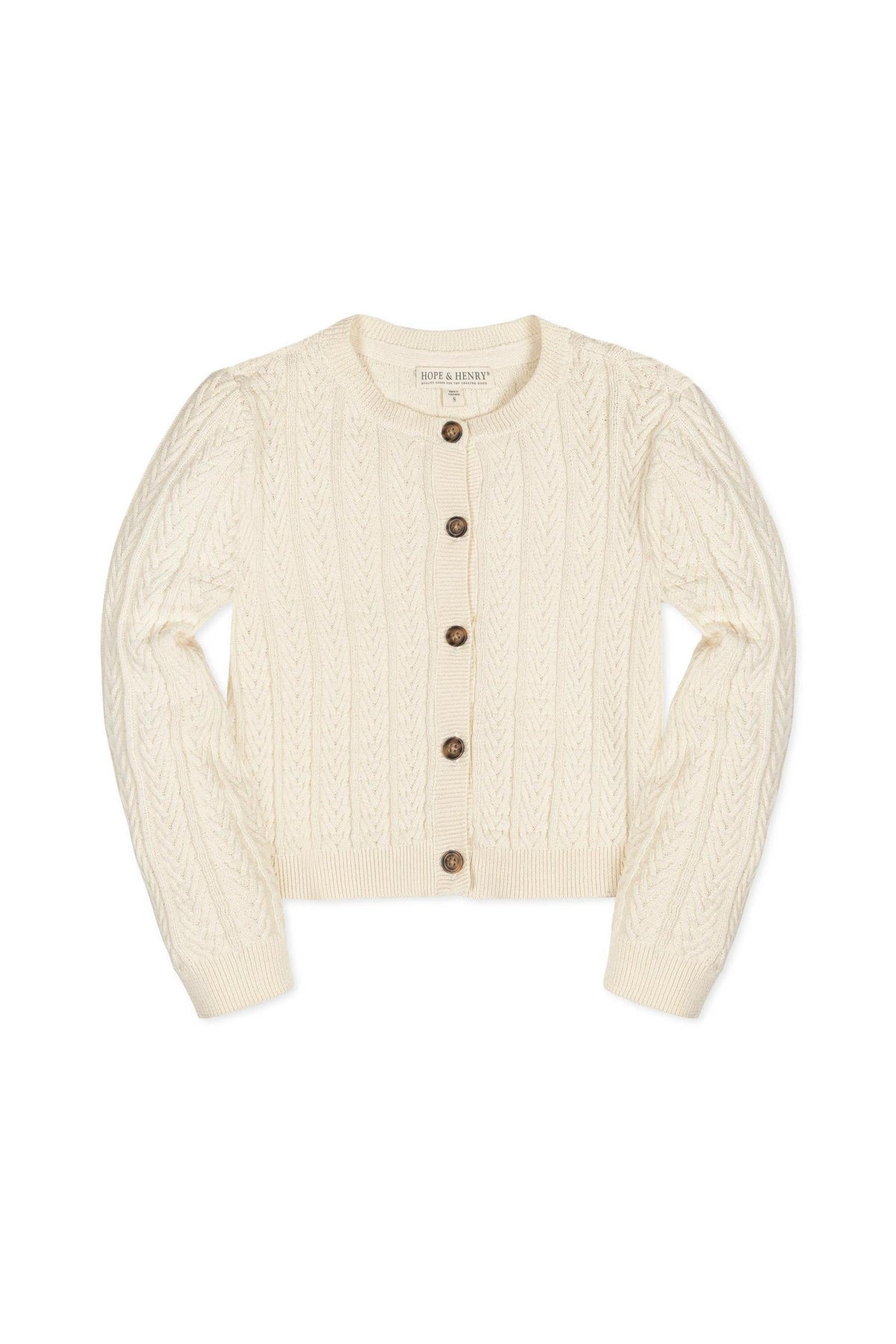 Ivory organic cotton cardigan featuring a chevron cable knit design and faux horn buttons, ideal for toddlers and kids.