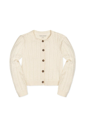 Ivory organic cotton cardigan featuring a chevron cable knit design and faux horn buttons, ideal for toddlers and kids.
