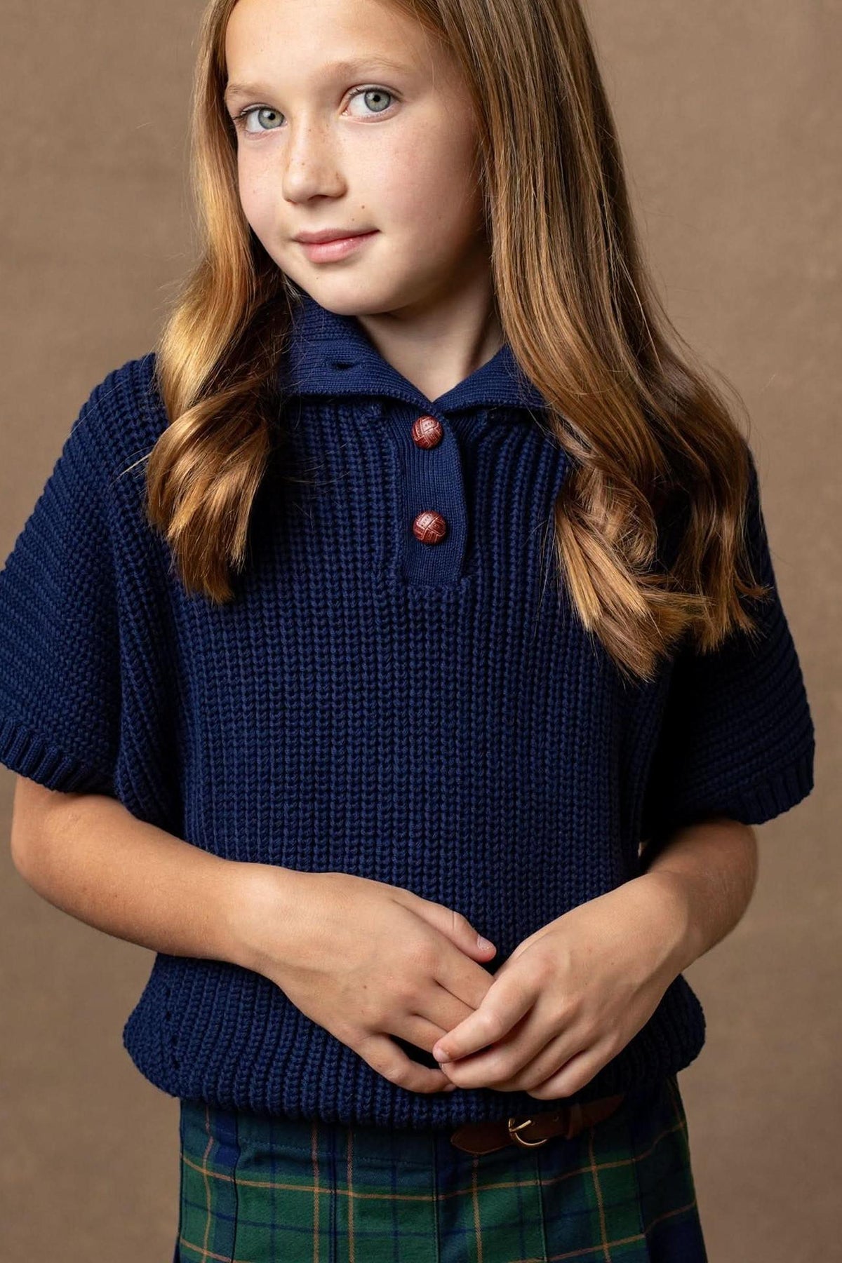Hope & Henry Organic Cotton Spread Collar Sweater for Girls, Navy, 6-12