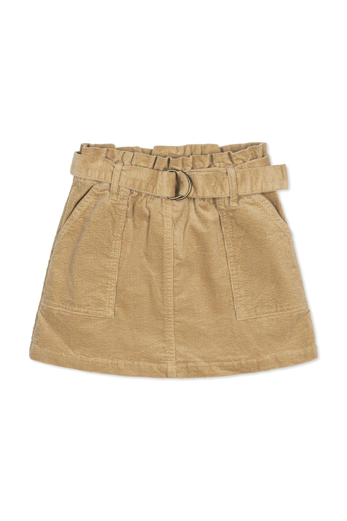 A khaki corduroy skirt for girls features a cinched waist with a belt, two front pockets, and a soft texture, made from organic cotton for sustainable wear.