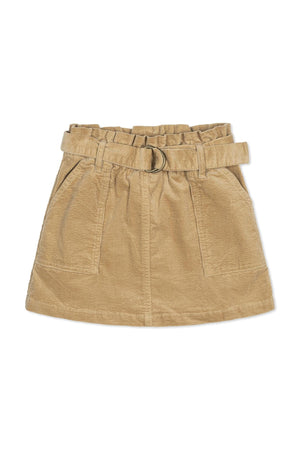 A khaki corduroy skirt for girls features a cinched waist with a belt, two front pockets, and a soft texture, made from organic cotton for sustainable wear.