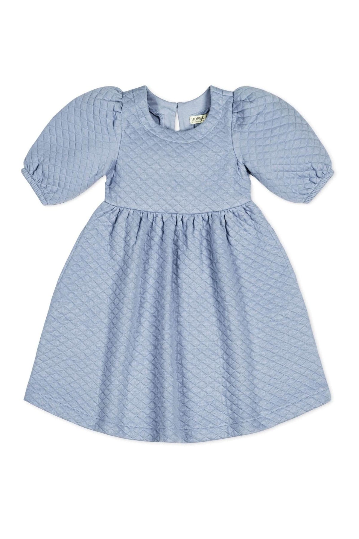 Dusty blue quilted dress with puff sleeves and a twirly skirt, made from organic cotton for toddlers and kids.