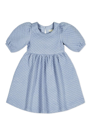 Dusty blue quilted dress with puff sleeves and a twirly skirt, made from organic cotton for toddlers and kids.