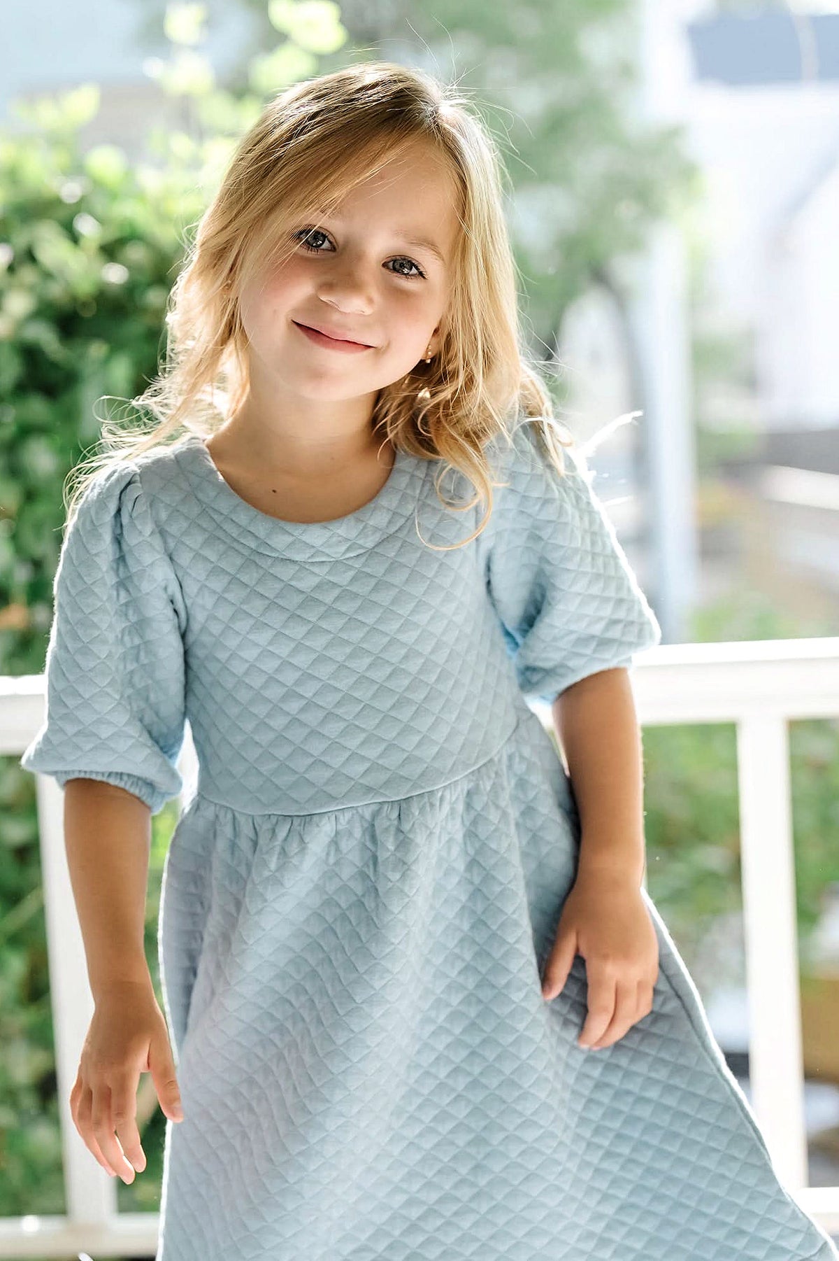 Hope & Henry Girls' Quilted Puff Sleeve Dress, Dusty Blue Quilted, 7