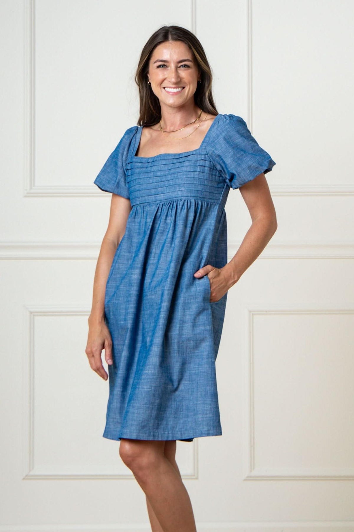 Hope & Henry Organic Cotton Ruched Chambray Dress