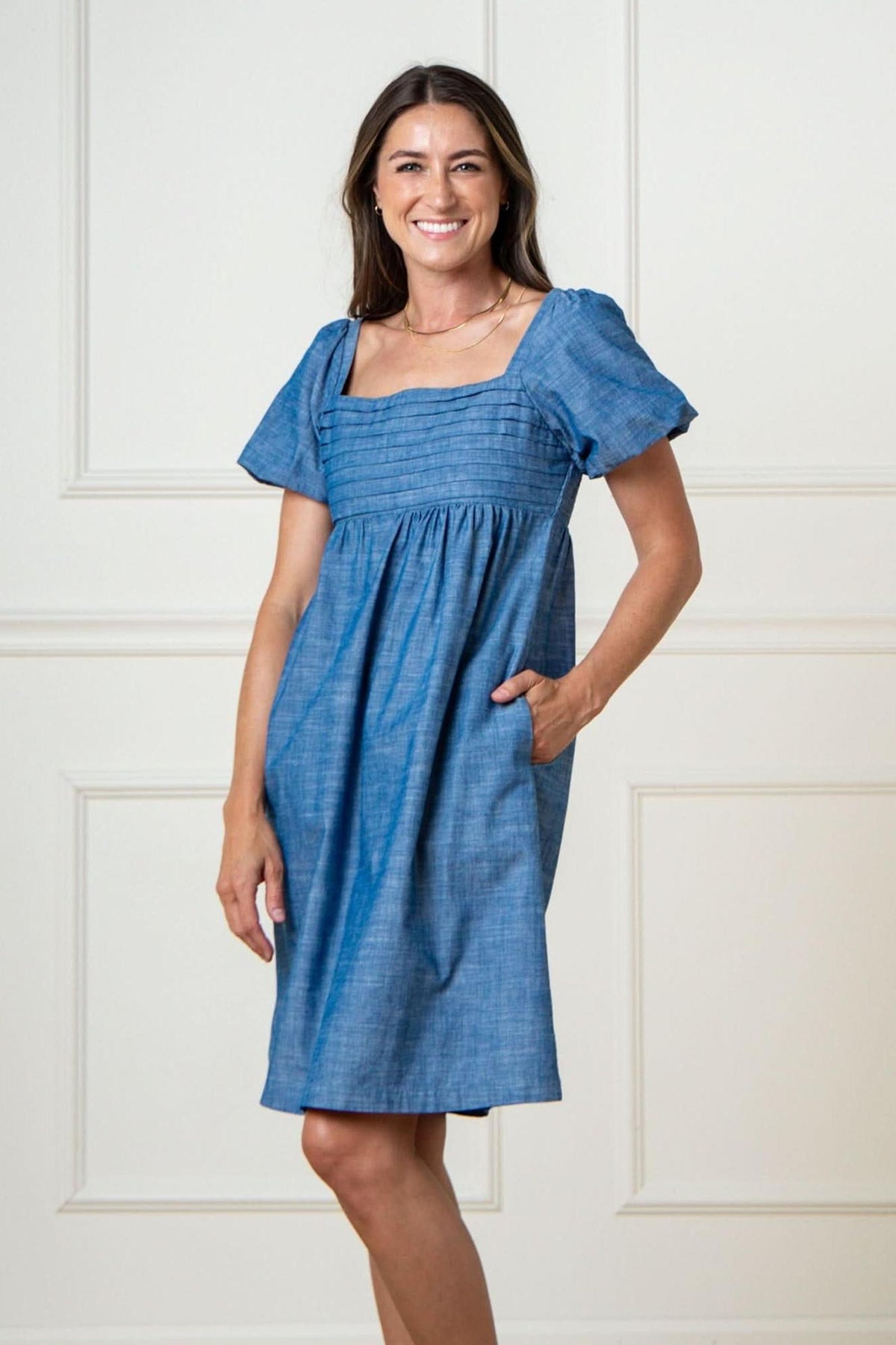 Hope & Henry Women's Organic Ruched Bodice Chambray Dress - Pleated Chambray
