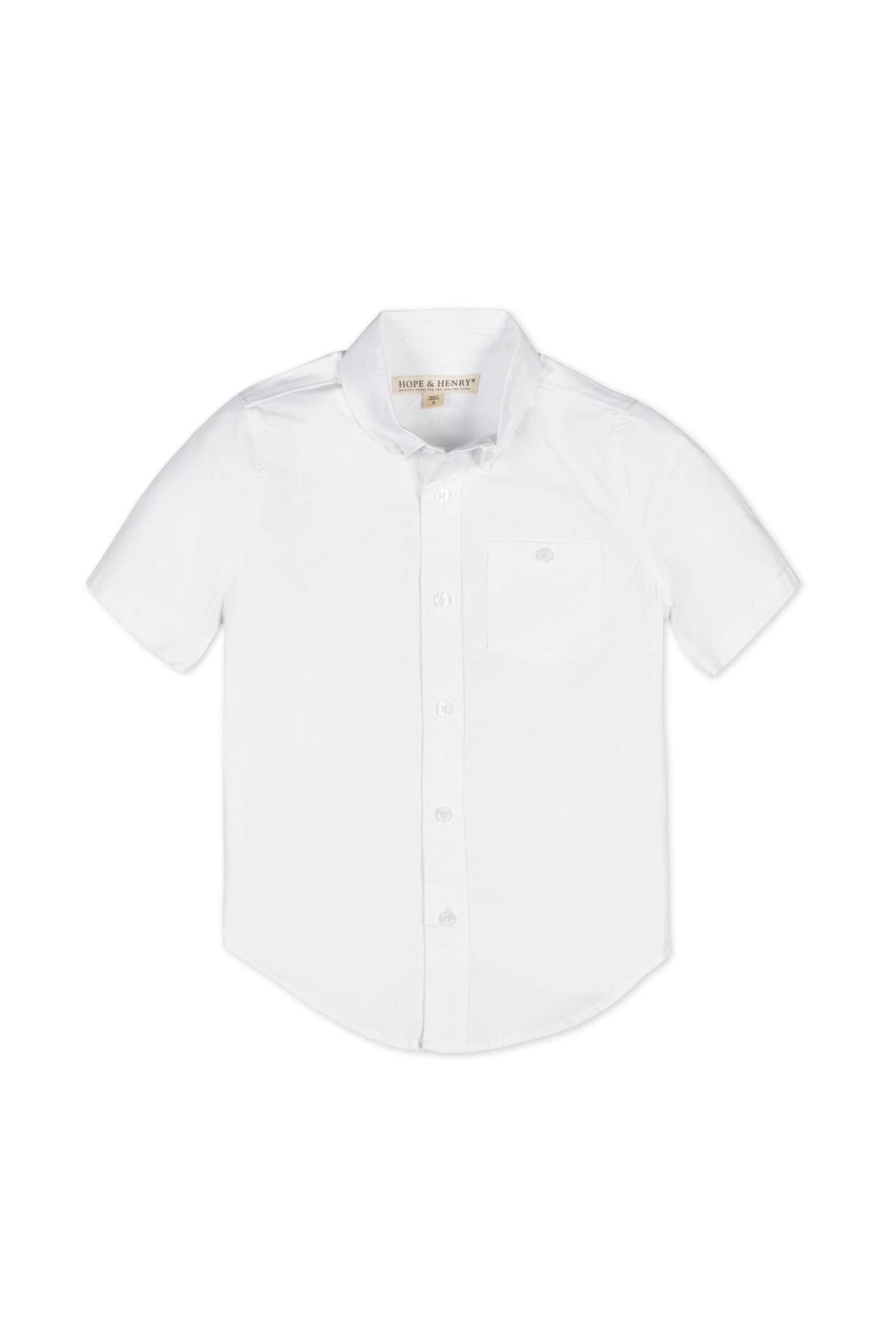 White short sleeve button-down shirt for boys by Hope & Henry, featuring a chest pocket and classic collar.