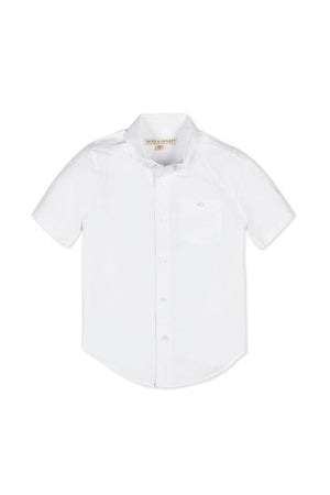 White short sleeve button-down shirt for boys by Hope & Henry, featuring a chest pocket and classic collar.
