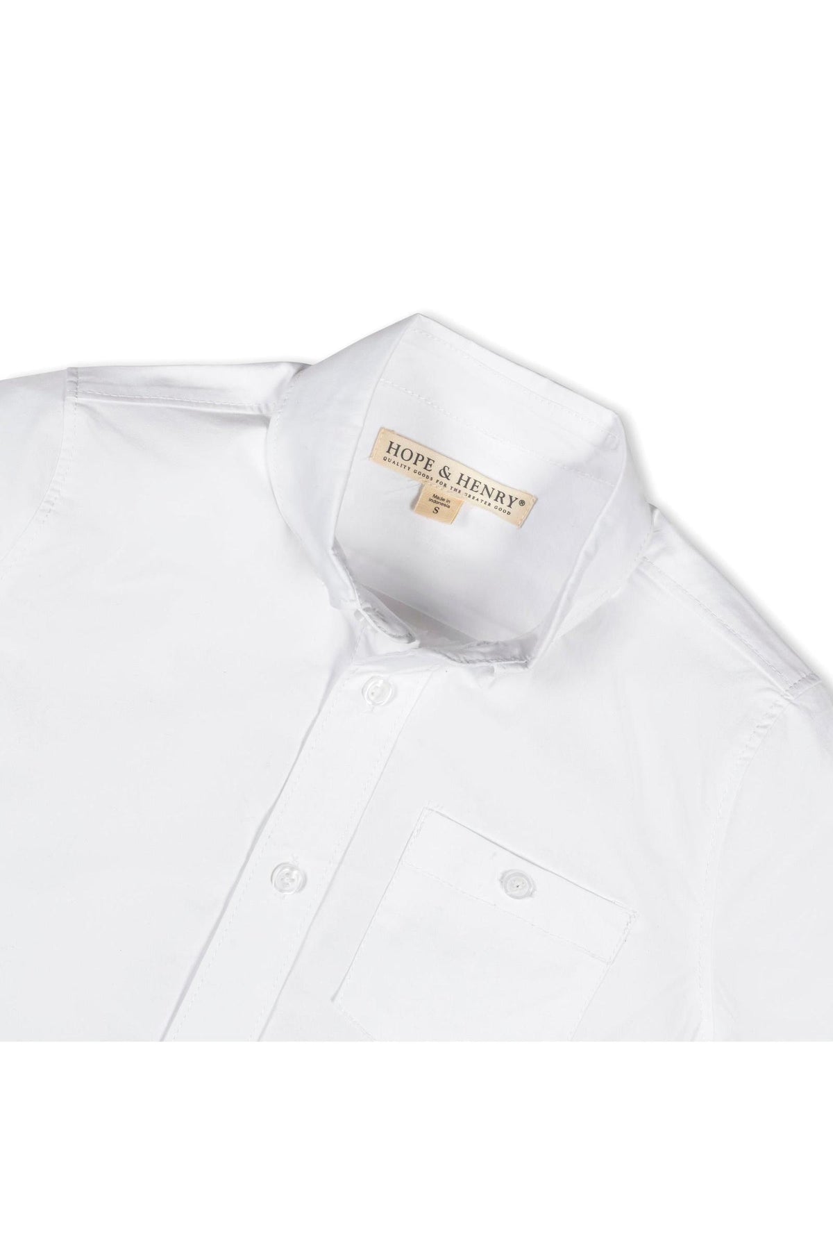 White short sleeve shirt by Hope & Henry, featuring a chest pocket and button-down design, made from organic cotton.