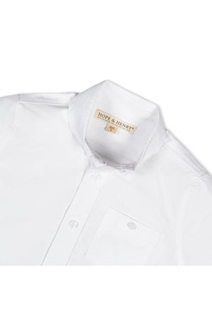 White short sleeve shirt by Hope & Henry, featuring a chest pocket and button-down design, made from organic cotton.