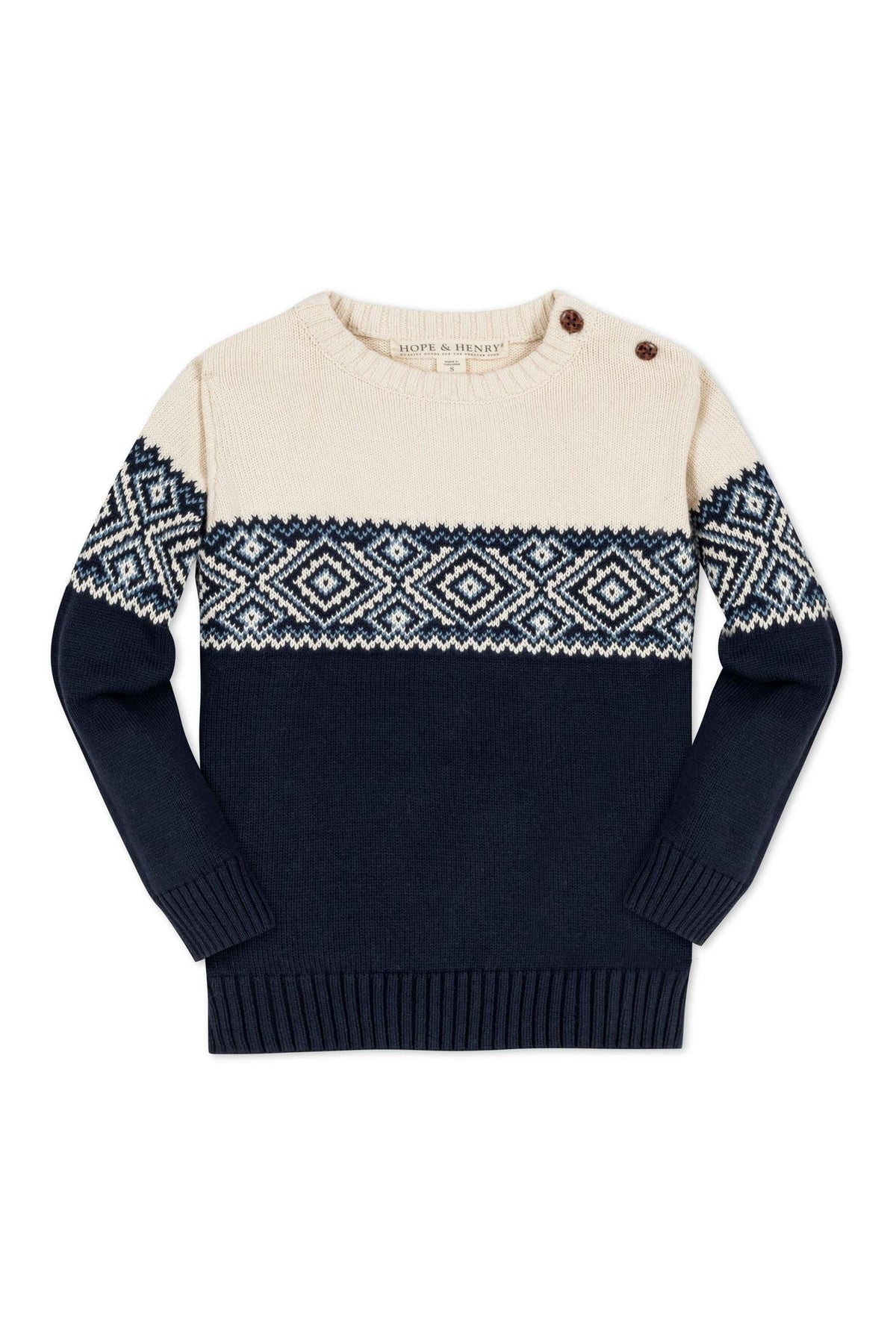 A cream and navy Fair Isle patterned crew neck sweater for boys by Hope & Henry, featuring shoulder buttons and made from soft, breathable organic cotton for comfort and style.