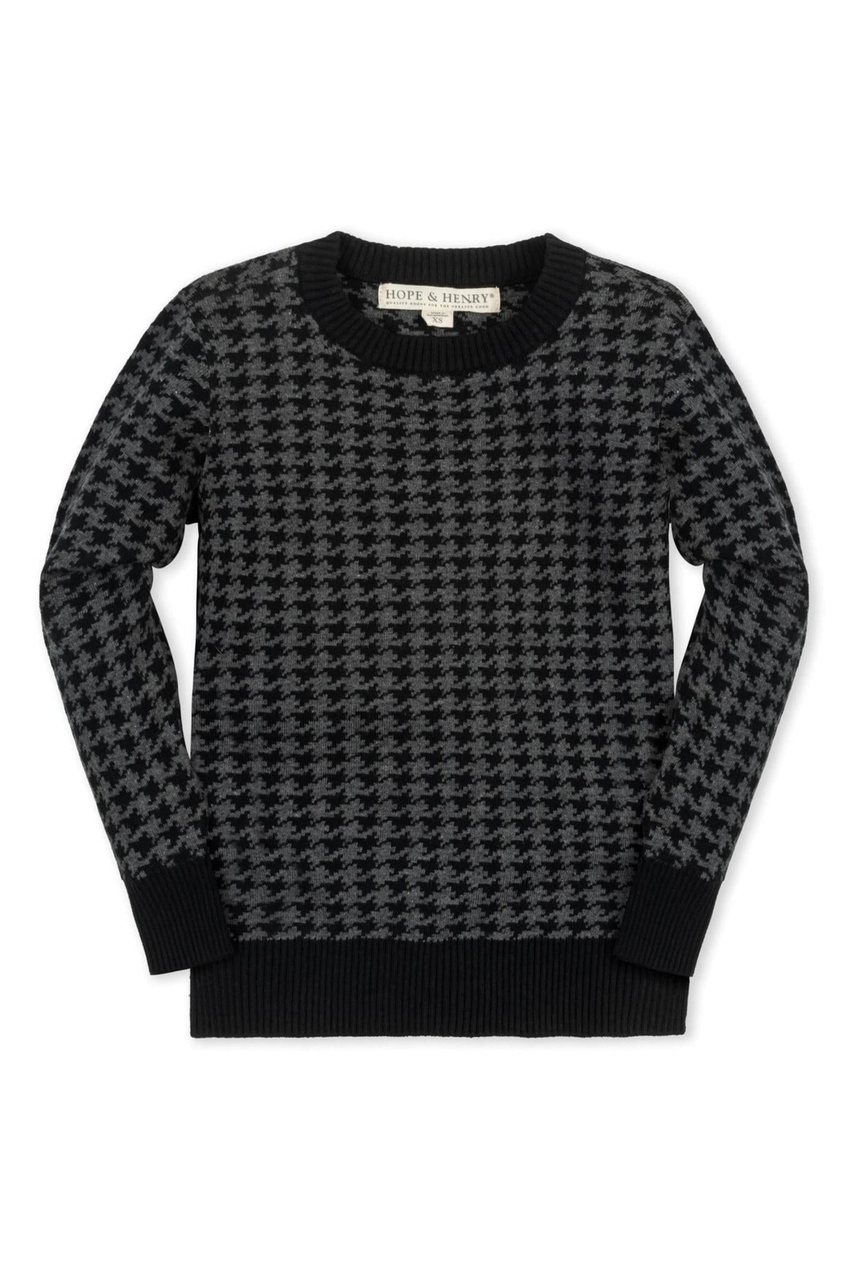Charcoal gray crew neck sweater featuring a houndstooth pattern, made from soft organic cotton. Ideal for boys everyday wear.