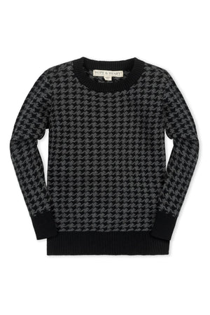Charcoal gray crew neck sweater featuring a houndstooth pattern, made from soft organic cotton. Ideal for boys everyday wear.