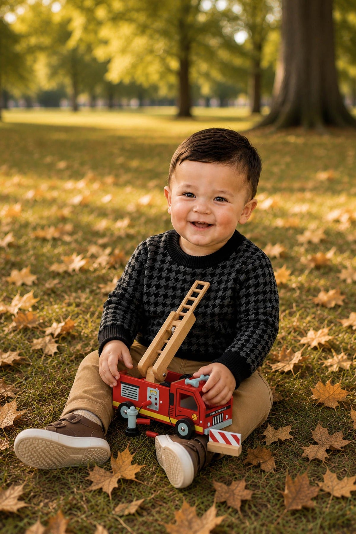 A smiling toddler sits on fallen leaves in a park, wearing a charcoal knit sweater with a houndstooth pattern and holding a red wooden fire truck toy.