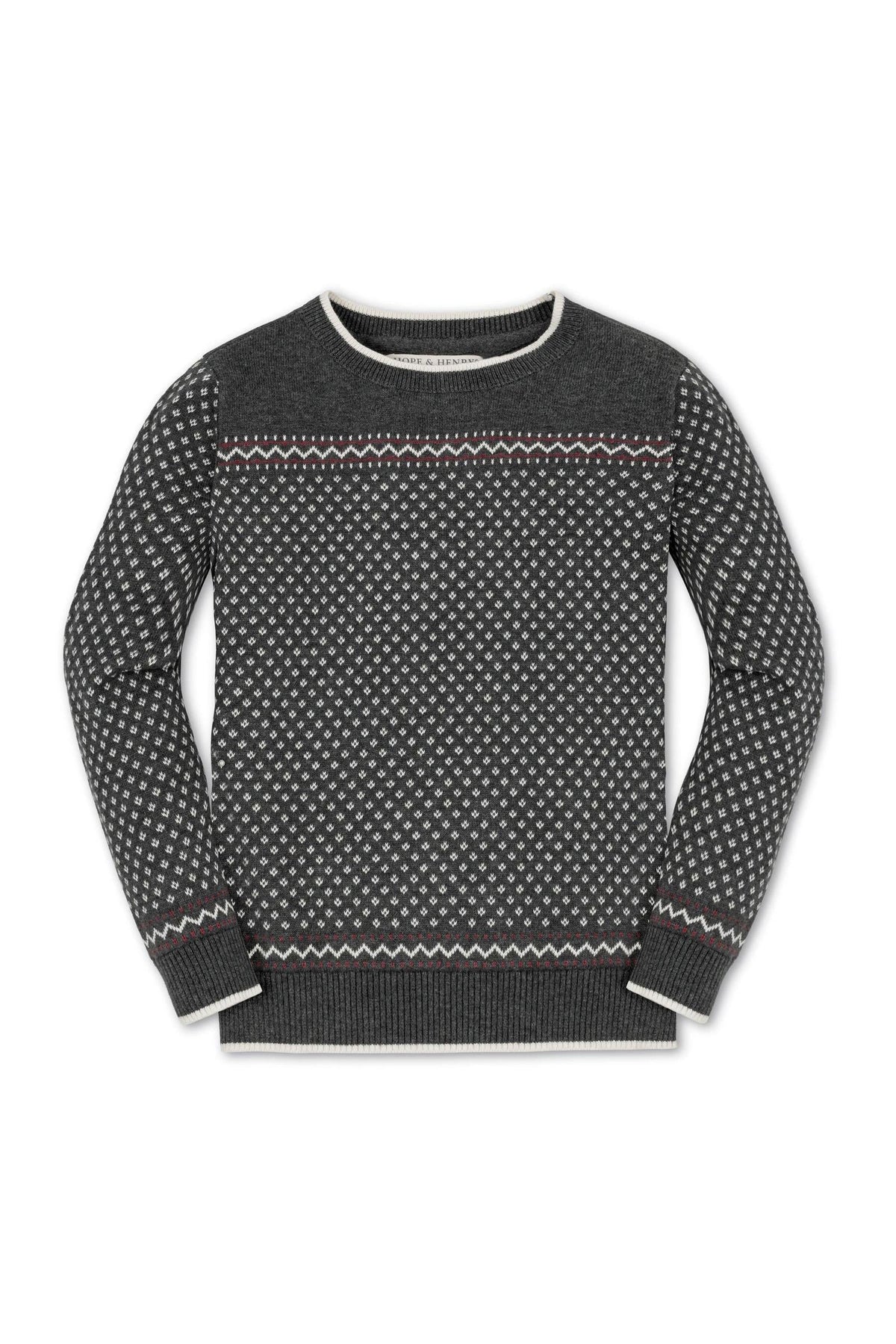 Charcoal heather crew neck sweater featuring an ivory birdseye pattern and subtle contrast bands, designed for toddlers and kids.