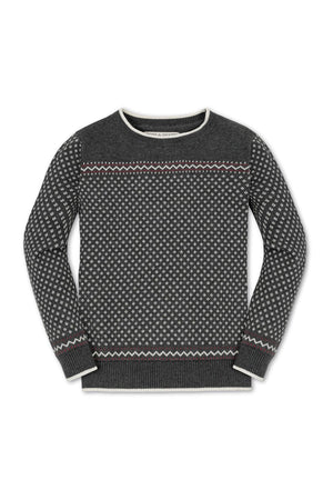Charcoal heather crew neck sweater featuring an ivory birdseye pattern and subtle contrast bands, designed for toddlers and kids.