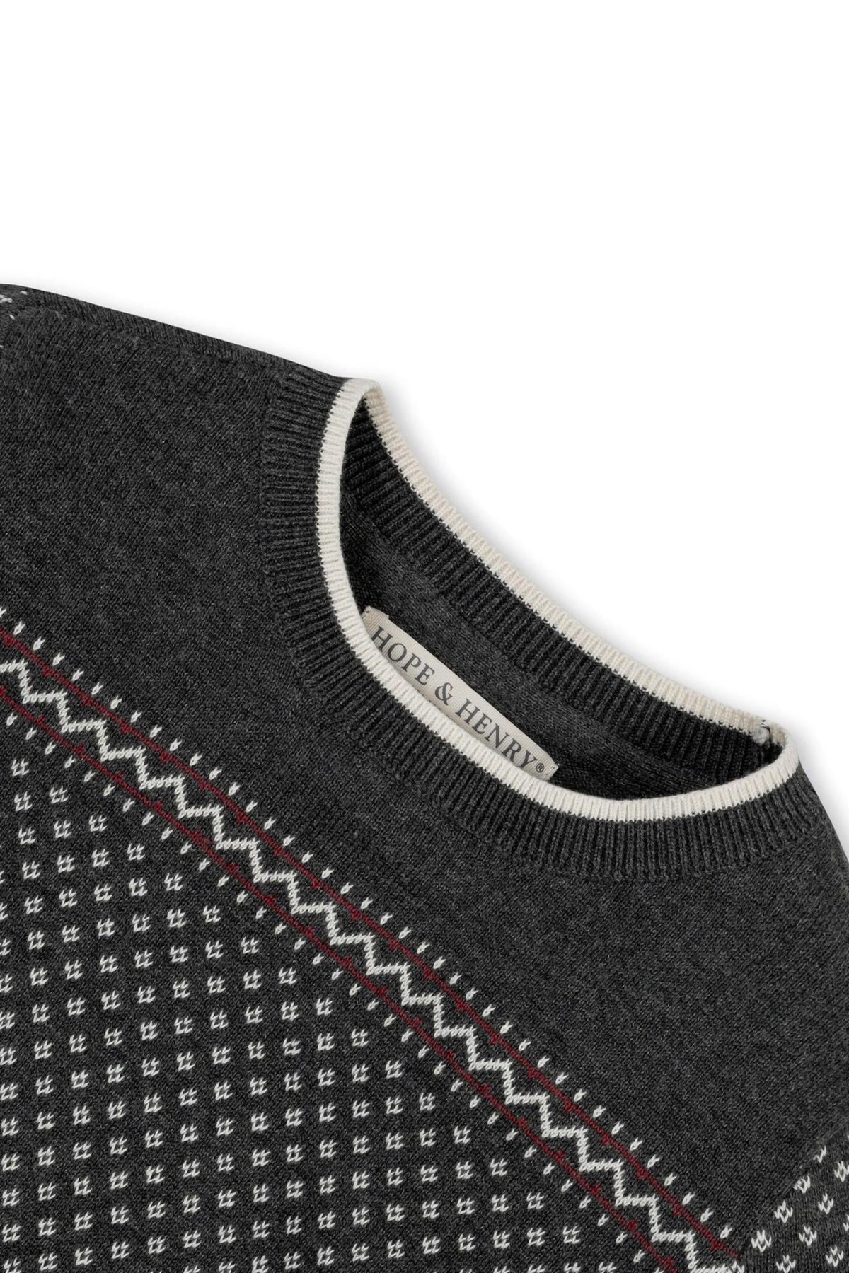 Close-up of a charcoal heather crew neck sweater, featuring an ivory birdseye pattern and subtle contrast bands.