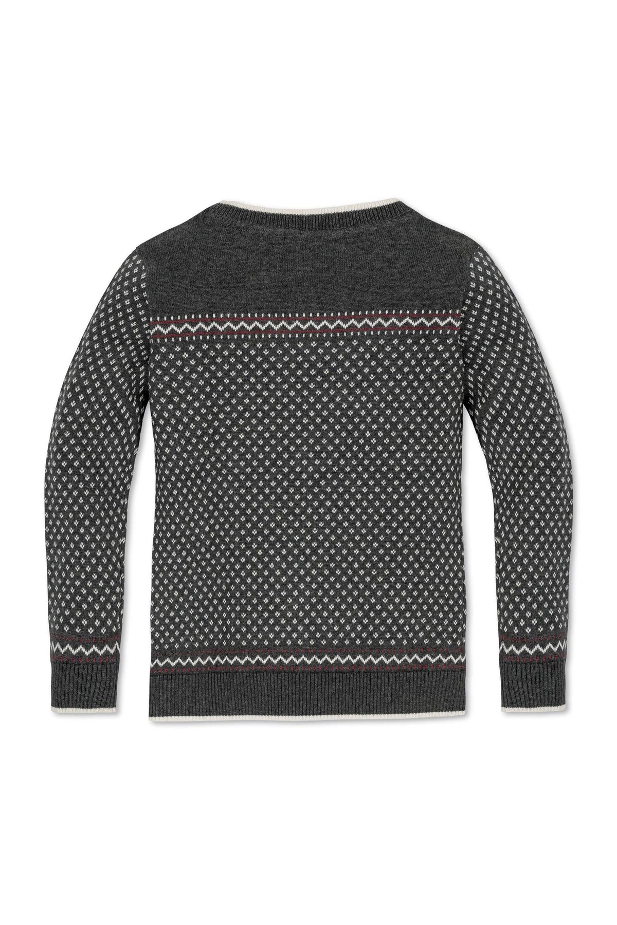 Back view of a charcoal heather sweater featuring an ivory birdseye pattern and contrasting bands, made from organic cotton.