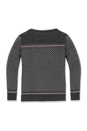 Back view of a charcoal heather sweater featuring an ivory birdseye pattern and contrasting bands, made from organic cotton.