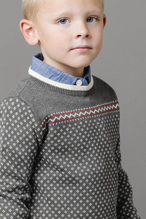 A young boy is wearing a charcoal sweater with an ivory birdseye pattern, layered over a denim button-up shirt.