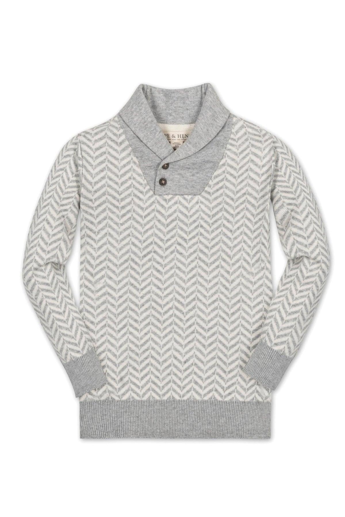 Hope & Henry organic cotton shawl collar sweater in grey herringbone knit, featuring a buttoned neckline and ribbed cuffs.