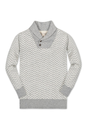 Hope & Henry organic cotton shawl collar sweater in grey herringbone knit, featuring a buttoned neckline and ribbed cuffs.